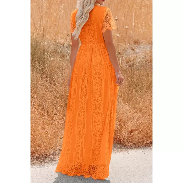 imagePRETTYGARDEN Womens Floral Lace Maxi Dress 2023 Short Sleeve V Neck Bridesmaid Wedding Evening Party DressesOrange
