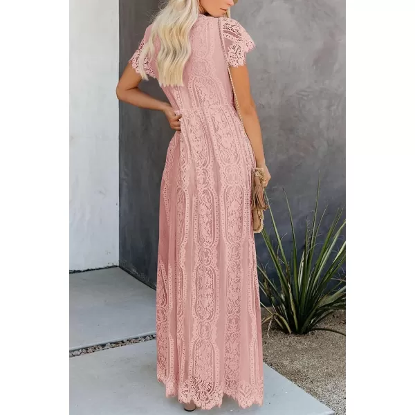 imagePRETTYGARDEN Womens Floral Lace Maxi Dress 2023 Short Sleeve V Neck Bridesmaid Wedding Evening Party DressesPink