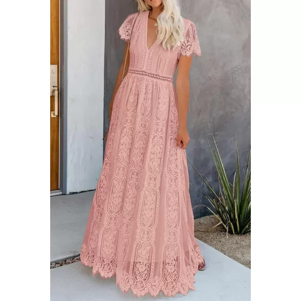 imagePRETTYGARDEN Womens Floral Lace Maxi Dress 2023 Short Sleeve V Neck Bridesmaid Wedding Evening Party DressesPink