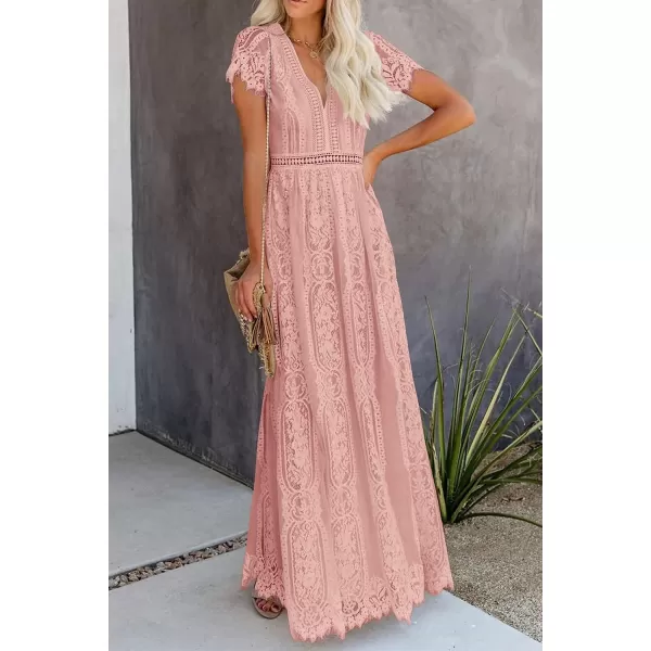 imagePRETTYGARDEN Womens Floral Lace Maxi Dress 2023 Short Sleeve V Neck Bridesmaid Wedding Evening Party DressesPink