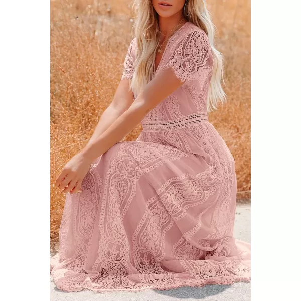 imagePRETTYGARDEN Womens Floral Lace Maxi Dress 2023 Short Sleeve V Neck Bridesmaid Wedding Evening Party DressesPink
