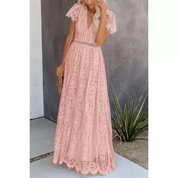 imagePRETTYGARDEN Womens Floral Lace Maxi Dress 2023 Short Sleeve V Neck Bridesmaid Wedding Evening Party DressesPink