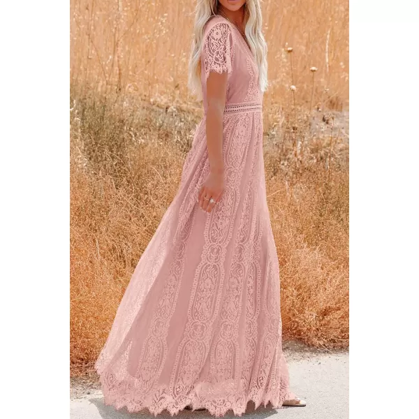 imagePRETTYGARDEN Womens Floral Lace Maxi Dress 2023 Short Sleeve V Neck Bridesmaid Wedding Evening Party DressesPink