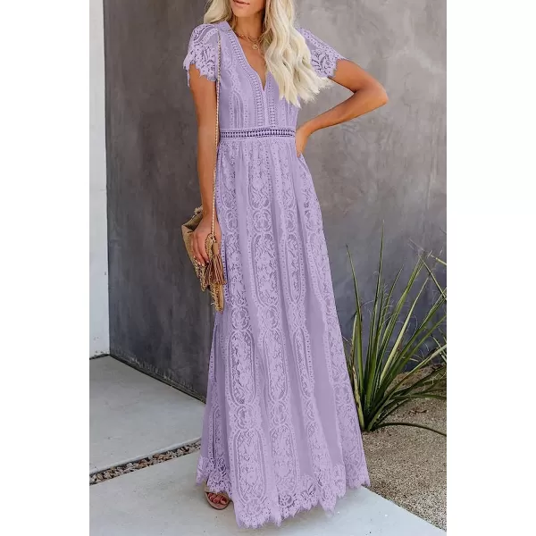 imagePRETTYGARDEN Womens Floral Lace Maxi Dress 2023 Short Sleeve V Neck Bridesmaid Wedding Evening Party DressesPurple