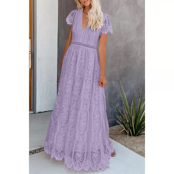 imagePRETTYGARDEN Womens Floral Lace Maxi Dress 2023 Short Sleeve V Neck Bridesmaid Wedding Evening Party DressesPurple