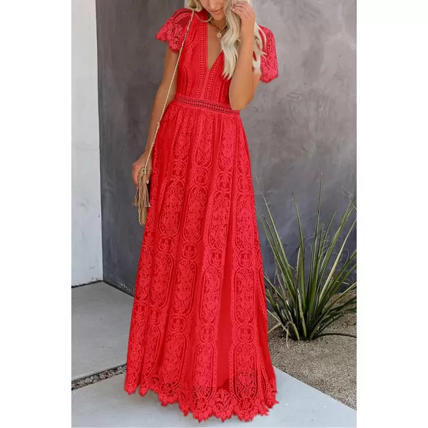 imagePRETTYGARDEN Womens Floral Lace Maxi Dress 2023 Short Sleeve V Neck Bridesmaid Wedding Evening Party DressesRed