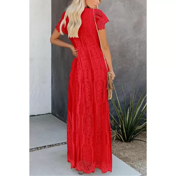 imagePRETTYGARDEN Womens Floral Lace Maxi Dress 2023 Short Sleeve V Neck Bridesmaid Wedding Evening Party DressesRed