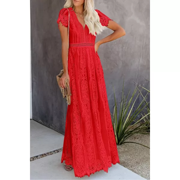 imagePRETTYGARDEN Womens Floral Lace Maxi Dress 2023 Short Sleeve V Neck Bridesmaid Wedding Evening Party DressesRed