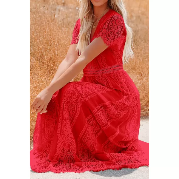 imagePRETTYGARDEN Womens Floral Lace Maxi Dress 2023 Short Sleeve V Neck Bridesmaid Wedding Evening Party DressesRed