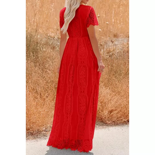 imagePRETTYGARDEN Womens Floral Lace Maxi Dress 2023 Short Sleeve V Neck Bridesmaid Wedding Evening Party DressesRed