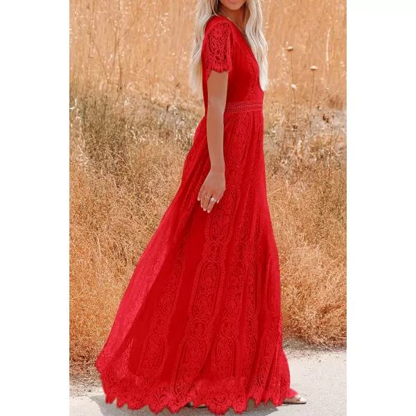imagePRETTYGARDEN Womens Floral Lace Maxi Dress 2023 Short Sleeve V Neck Bridesmaid Wedding Evening Party DressesRed