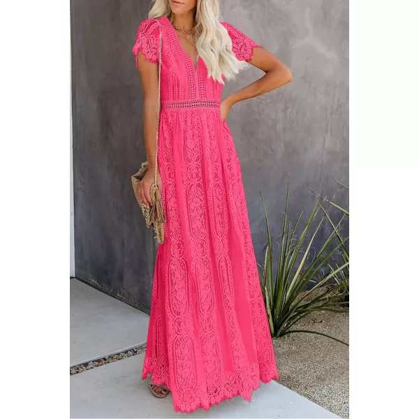 imagePRETTYGARDEN Womens Floral Lace Maxi Dress 2023 Short Sleeve V Neck Bridesmaid Wedding Evening Party DressesWatermelon Red
