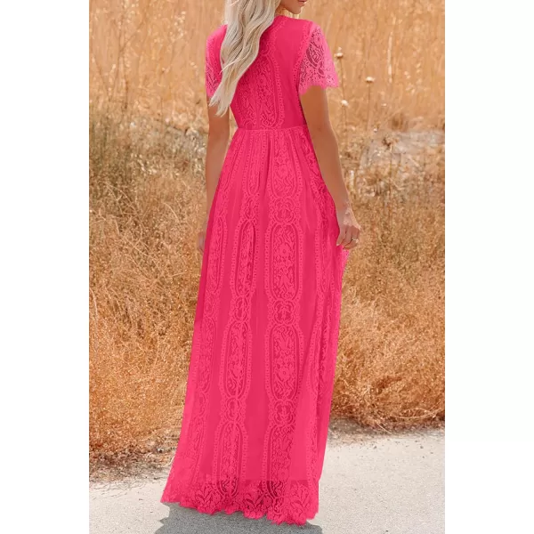 imagePRETTYGARDEN Womens Floral Lace Maxi Dress 2023 Short Sleeve V Neck Bridesmaid Wedding Evening Party DressesWatermelon Red
