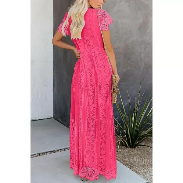 imagePRETTYGARDEN Womens Floral Lace Maxi Dress 2023 Short Sleeve V Neck Bridesmaid Wedding Evening Party DressesWatermelon Red
