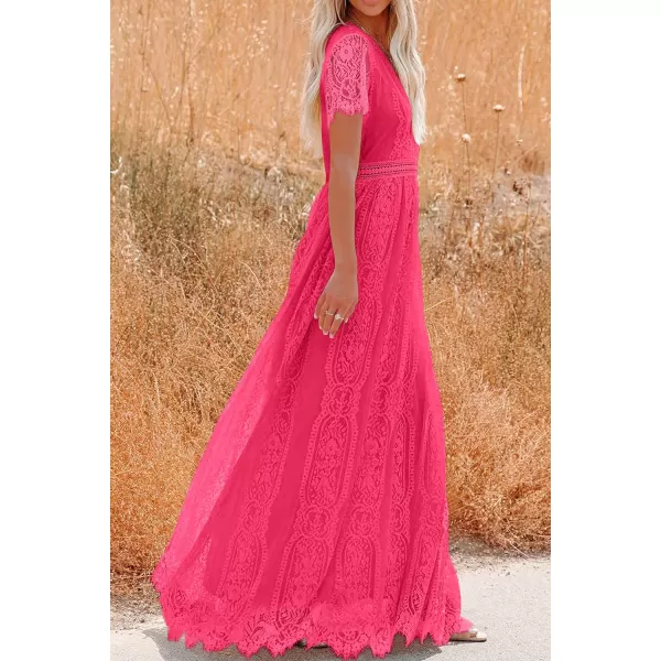 imagePRETTYGARDEN Womens Floral Lace Maxi Dress 2023 Short Sleeve V Neck Bridesmaid Wedding Evening Party DressesWatermelon Red