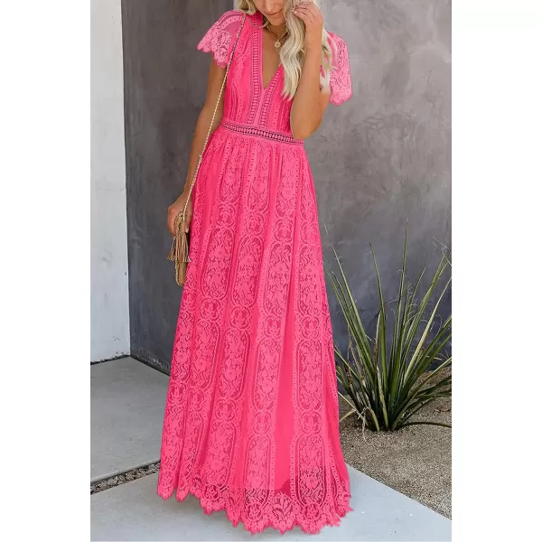 imagePRETTYGARDEN Womens Floral Lace Maxi Dress 2023 Short Sleeve V Neck Bridesmaid Wedding Evening Party DressesWatermelon Red