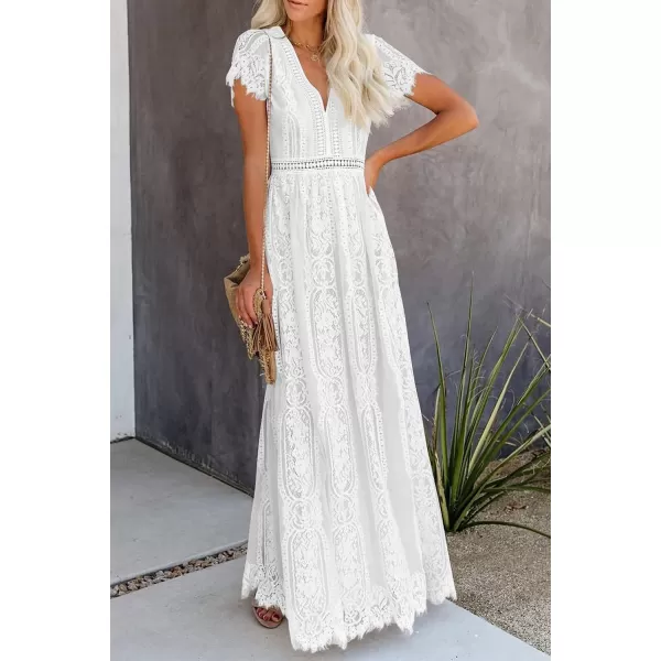imagePRETTYGARDEN Womens Floral Lace Maxi Dress 2023 Short Sleeve V Neck Bridesmaid Wedding Evening Party DressesWhite