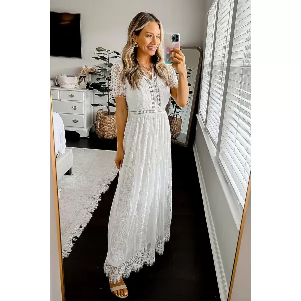 imagePRETTYGARDEN Womens Floral Lace Maxi Dress 2023 Short Sleeve V Neck Bridesmaid Wedding Evening Party DressesWhite