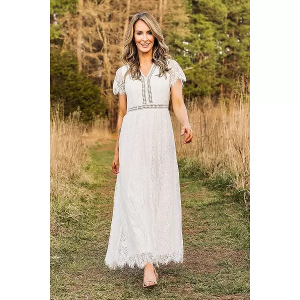 imagePRETTYGARDEN Womens Floral Lace Maxi Dress 2023 Short Sleeve V Neck Bridesmaid Wedding Evening Party DressesWhite