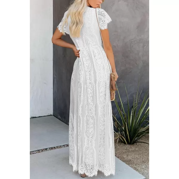 imagePRETTYGARDEN Womens Floral Lace Maxi Dress 2023 Short Sleeve V Neck Bridesmaid Wedding Evening Party DressesWhite