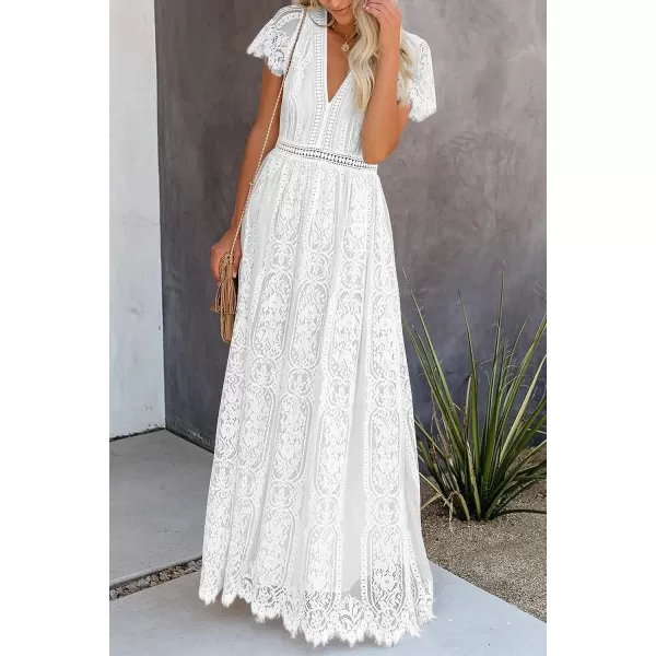 imagePRETTYGARDEN Womens Floral Lace Maxi Dress 2023 Short Sleeve V Neck Bridesmaid Wedding Evening Party DressesWhite
