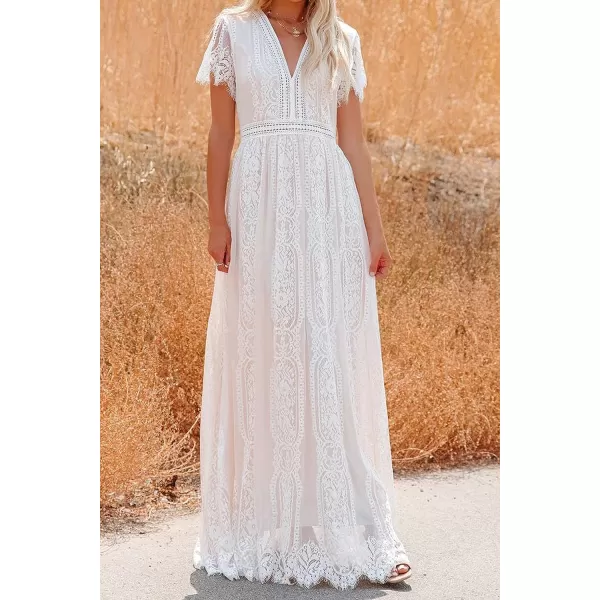 imagePRETTYGARDEN Womens Floral Lace Maxi Dress 2023 Short Sleeve V Neck Bridesmaid Wedding Evening Party DressesWhite