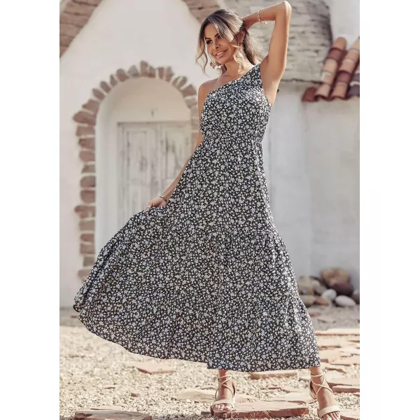 imagePRETTYGARDEN Womens Floral Maxi Dress 2023 Knot One Shoulder Sleeveless Ruffle Hem Flowy Boho DressesBlack Blue