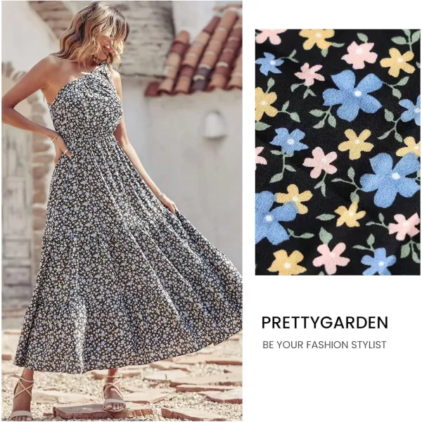imagePRETTYGARDEN Womens Floral Maxi Dress 2023 Knot One Shoulder Sleeveless Ruffle Hem Flowy Boho DressesBlack Blue