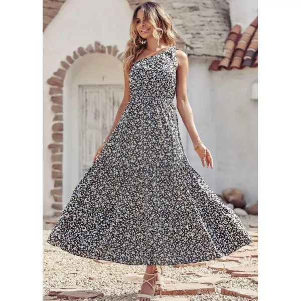 imagePRETTYGARDEN Womens Floral Maxi Dress 2023 Knot One Shoulder Sleeveless Ruffle Hem Flowy Boho DressesBlack Blue
