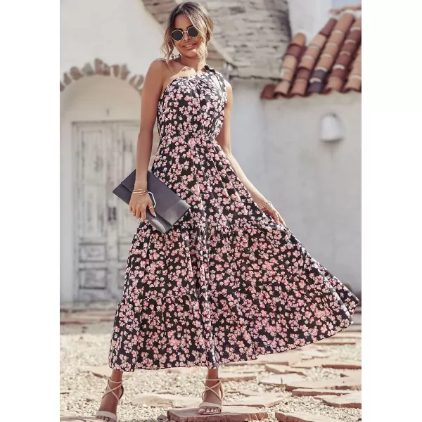 imagePRETTYGARDEN Womens Floral Maxi Dress 2023 Knot One Shoulder Sleeveless Ruffle Hem Flowy Boho DressesBlack Pink