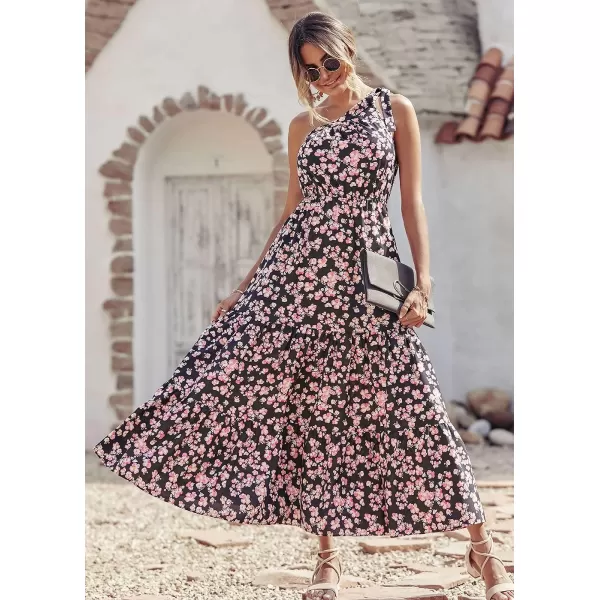 imagePRETTYGARDEN Womens Floral Maxi Dress 2023 Knot One Shoulder Sleeveless Ruffle Hem Flowy Boho DressesBlack Pink