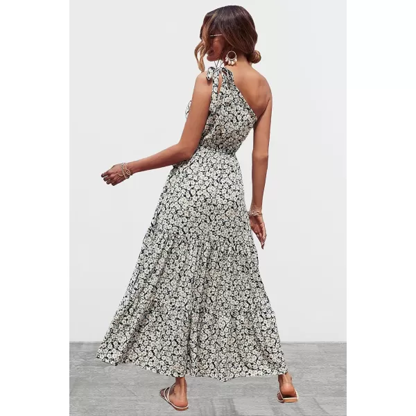 imagePRETTYGARDEN Womens Floral Maxi Dress 2023 Knot One Shoulder Sleeveless Ruffle Hem Flowy Boho DressesBlack White