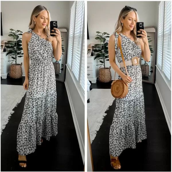 imagePRETTYGARDEN Womens Floral Maxi Dress 2023 Knot One Shoulder Sleeveless Ruffle Hem Flowy Boho DressesBlack White