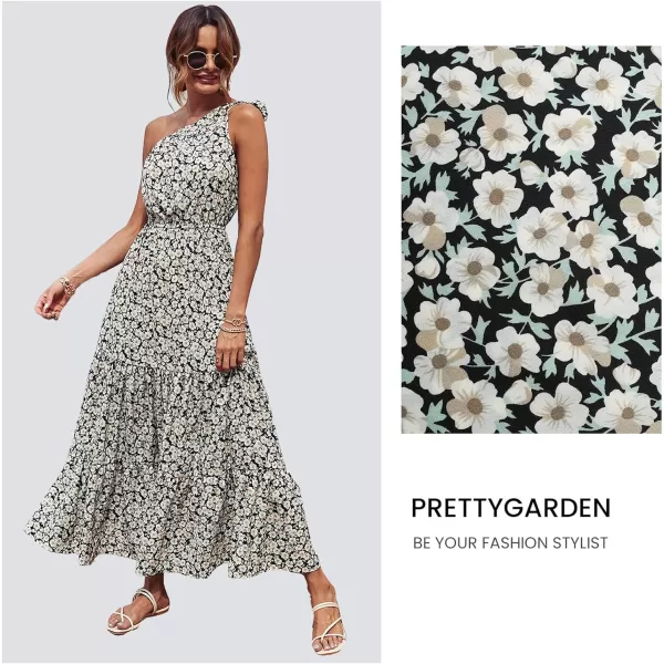 imagePRETTYGARDEN Womens Floral Maxi Dress 2023 Knot One Shoulder Sleeveless Ruffle Hem Flowy Boho DressesBlack White