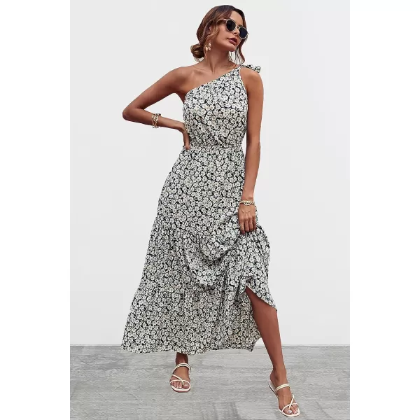 imagePRETTYGARDEN Womens Floral Maxi Dress 2023 Knot One Shoulder Sleeveless Ruffle Hem Flowy Boho DressesBlack White