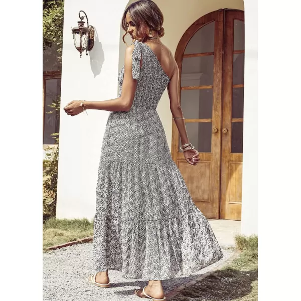 imagePRETTYGARDEN Womens Floral Maxi Dress 2023 Knot One Shoulder Sleeveless Ruffle Hem Flowy Boho DressesBlack White Floral