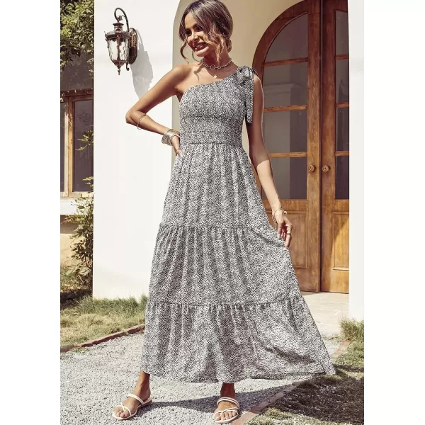 imagePRETTYGARDEN Womens Floral Maxi Dress 2023 Knot One Shoulder Sleeveless Ruffle Hem Flowy Boho DressesBlack White Floral