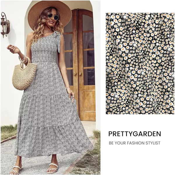 imagePRETTYGARDEN Womens Floral Maxi Dress 2023 Knot One Shoulder Sleeveless Ruffle Hem Flowy Boho DressesBlack White Floral