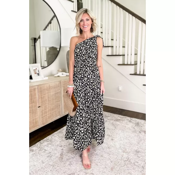 imagePRETTYGARDEN Womens Floral Maxi Dress 2023 Knot One Shoulder Sleeveless Ruffle Hem Flowy Boho DressesBlackWhiteYellow