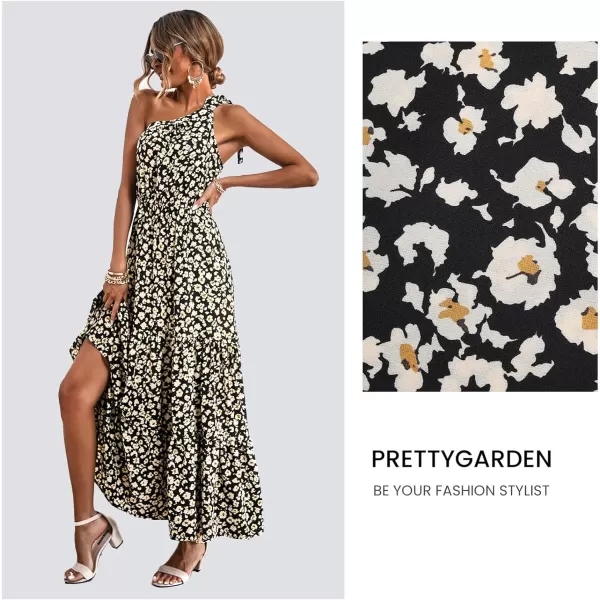 imagePRETTYGARDEN Womens Floral Maxi Dress 2023 Knot One Shoulder Sleeveless Ruffle Hem Flowy Boho DressesBlackWhiteYellow
