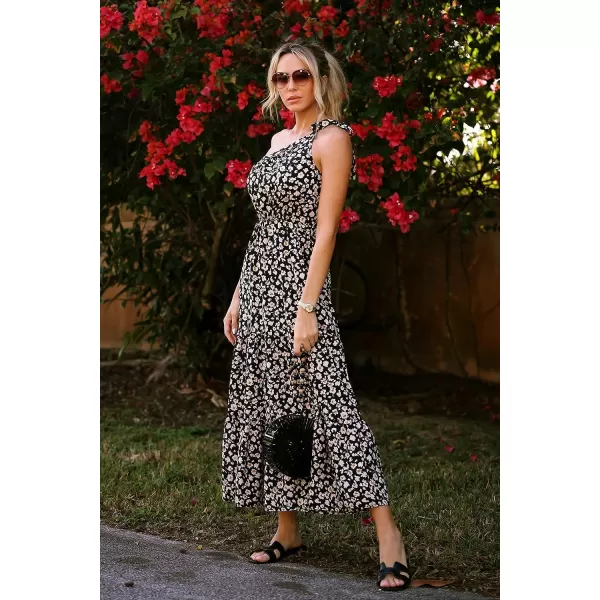 imagePRETTYGARDEN Womens Floral Maxi Dress 2023 Knot One Shoulder Sleeveless Ruffle Hem Flowy Boho DressesBlackWhiteYellow
