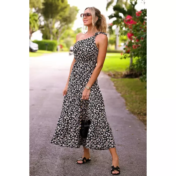 imagePRETTYGARDEN Womens Floral Maxi Dress 2023 Knot One Shoulder Sleeveless Ruffle Hem Flowy Boho DressesBlackWhiteYellow