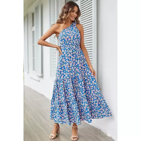 imagePRETTYGARDEN Womens Floral Maxi Dress 2023 Knot One Shoulder Sleeveless Ruffle Hem Flowy Boho DressesBlue Floral