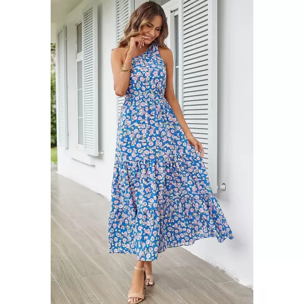 imagePRETTYGARDEN Womens Floral Maxi Dress 2023 Knot One Shoulder Sleeveless Ruffle Hem Flowy Boho DressesBlue Floral