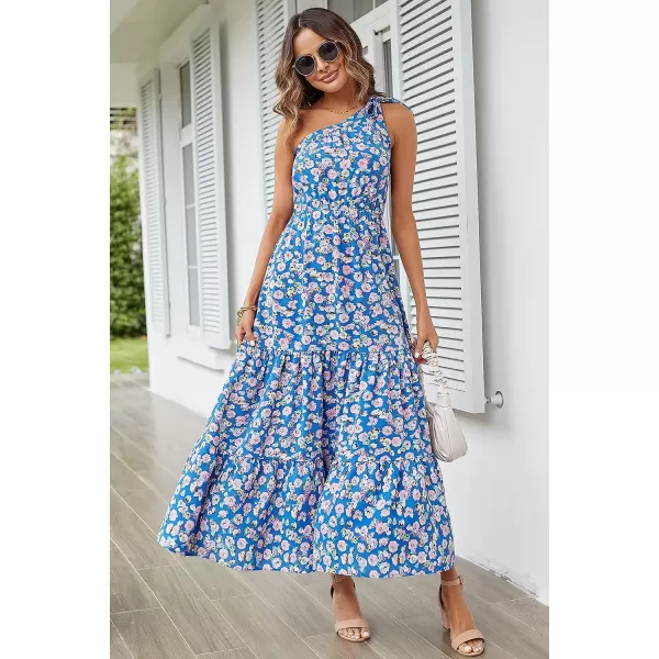 imagePRETTYGARDEN Womens Floral Maxi Dress 2023 Knot One Shoulder Sleeveless Ruffle Hem Flowy Boho DressesBlue Floral