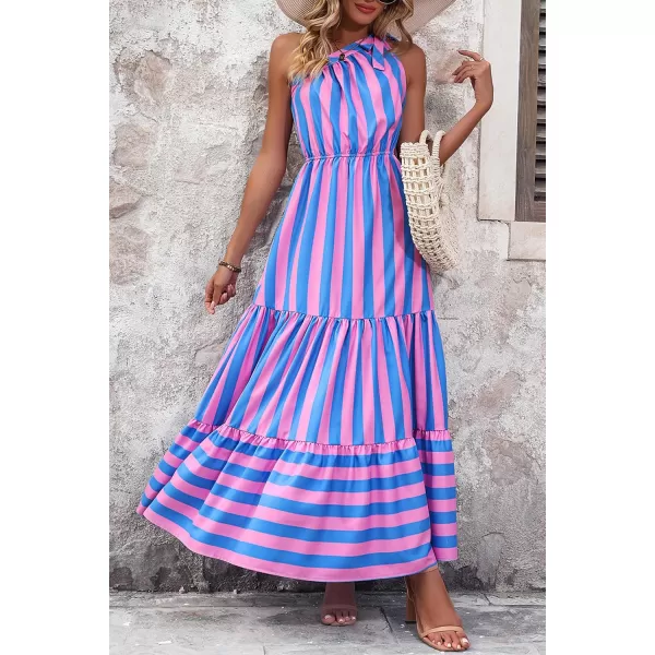 imagePRETTYGARDEN Womens Floral Maxi Dress 2023 Knot One Shoulder Sleeveless Ruffle Hem Flowy Boho DressesBlue Pink Stripe