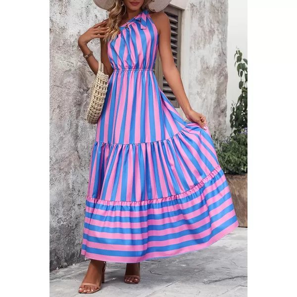 imagePRETTYGARDEN Womens Floral Maxi Dress 2023 Knot One Shoulder Sleeveless Ruffle Hem Flowy Boho DressesBlue Pink Stripe