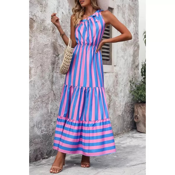 imagePRETTYGARDEN Womens Floral Maxi Dress 2023 Knot One Shoulder Sleeveless Ruffle Hem Flowy Boho DressesBlue Pink Stripe