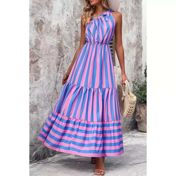 imagePRETTYGARDEN Womens Floral Maxi Dress 2023 Knot One Shoulder Sleeveless Ruffle Hem Flowy Boho DressesBlue Pink Stripe