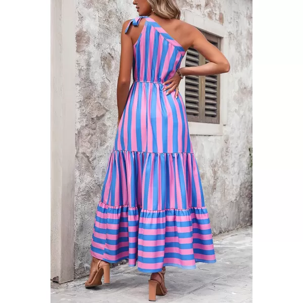 imagePRETTYGARDEN Womens Floral Maxi Dress 2023 Knot One Shoulder Sleeveless Ruffle Hem Flowy Boho DressesBlue Pink Stripe